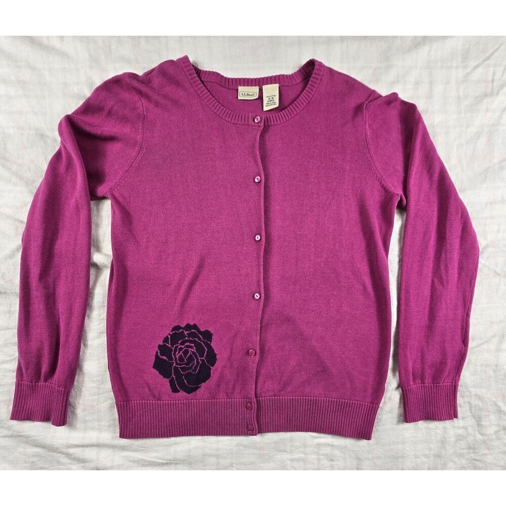 LL Bean Girl’s Pink Long Sleeve Embroidered Rose Cardigan Sweater XL